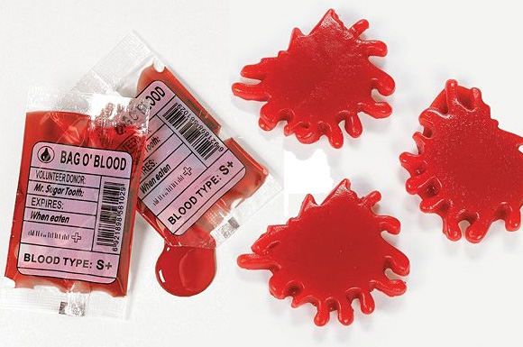 blood candy bags and gummy blood for Halloween