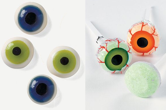gummy eyeballs and eyeball print lollipops for halloween