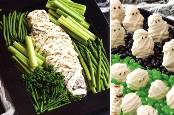 mummy vegetable dip tray and mummy wrapped cookies for Halloween
