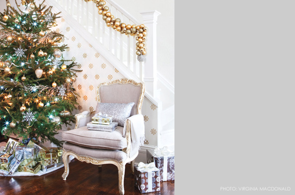 silver and gold holiday decorations for your tree and stairway
