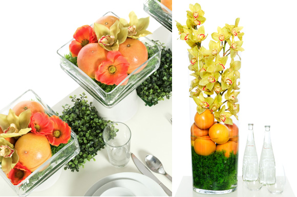 citrus centerpieces with a tall arrangement for a drink station