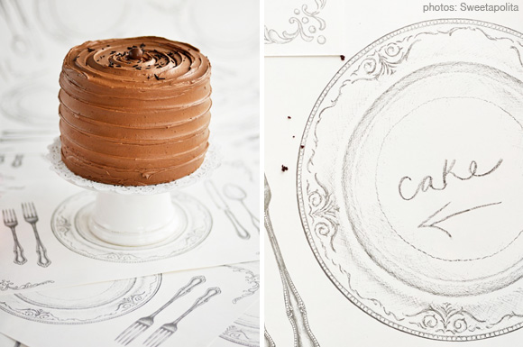 place setting placemat backdrop for a rich chocolate cake