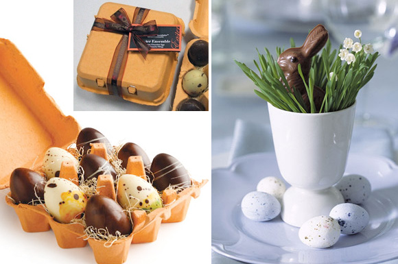 easter chocolate egg boxes :: chocolate and wheatgrass centerpieces