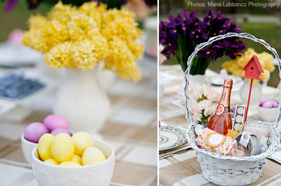 colored eggs and daffodil centerpieces