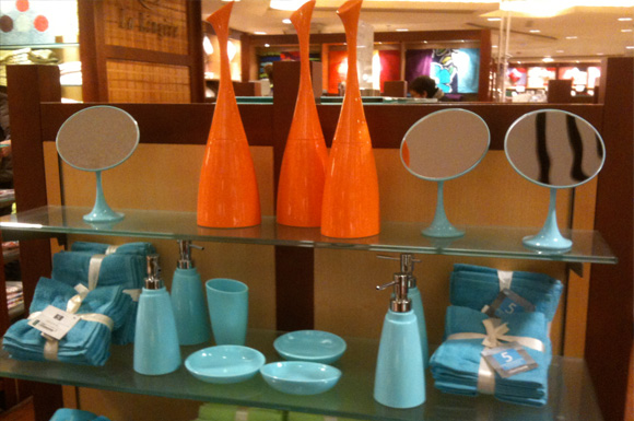 orange and blue bathroom accessories