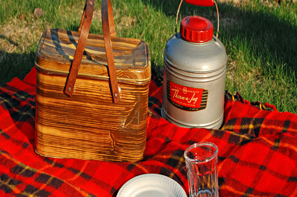 picnic basket vintage metal thermos wood grain etsy