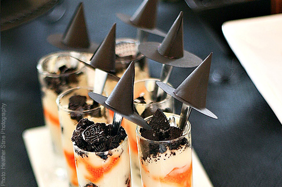 halloween parfait topped with a witch hat