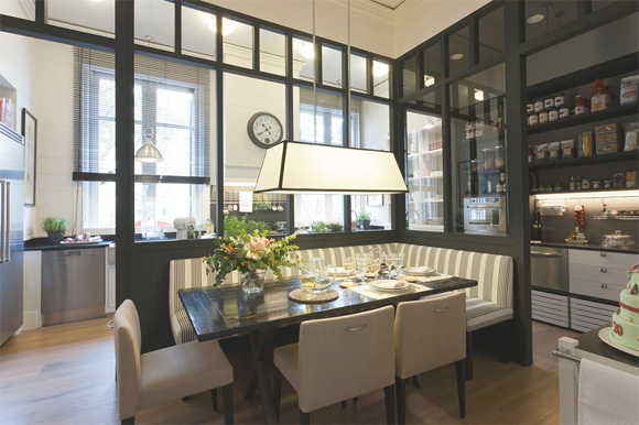 functional English style kitchen with a banquette dining room