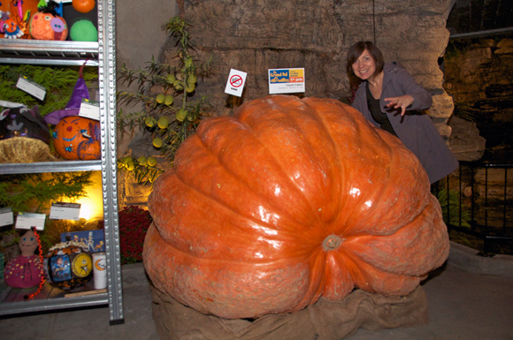 Kim in front of the biggest pumpkin contest