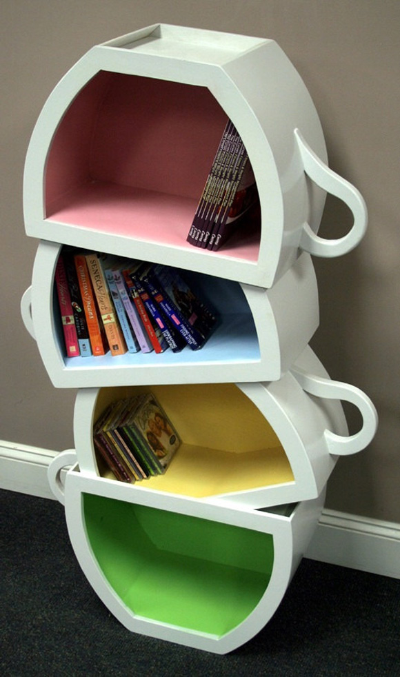 stacked teacups bookcase