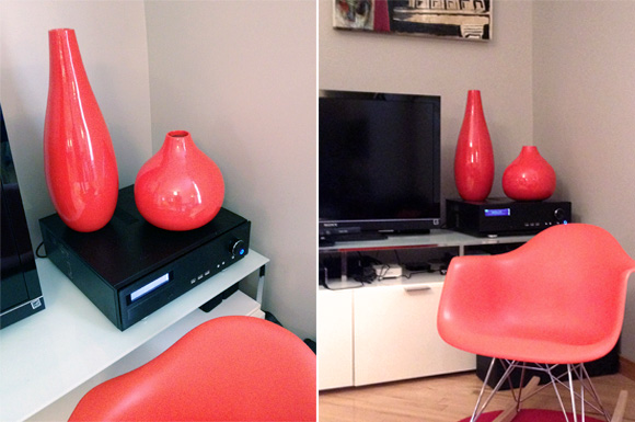 new red vases in my living room