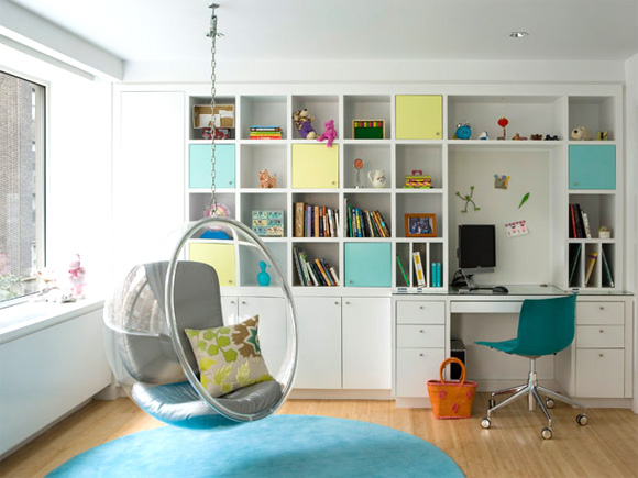 kid's desk room with bubble chair 